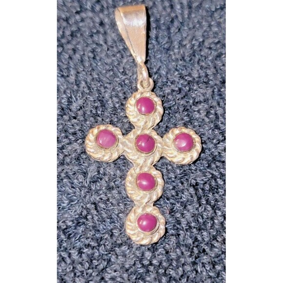 Fine Sterling Silver Taxco Artisan craft Cross Pendant w/ 6 purple Sugilite VTG - Picture 4 of 16